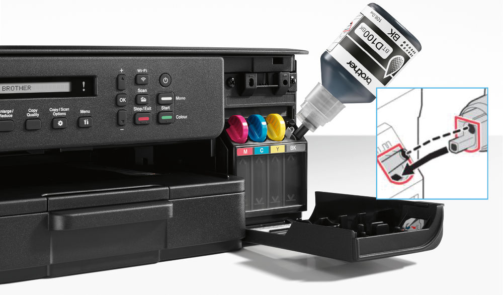 Urządzenie wielofunkcyjne BROTHER DCP-T535DW Druk w kolorze, Automatyczny druk dwustronny, Wi-Fi prezentacja uzupełniania atramentu w urządzeniu jasne tło oszczędność kosztów częste drukowanie uzupełnienie w prosty i czysty sposób wydajność