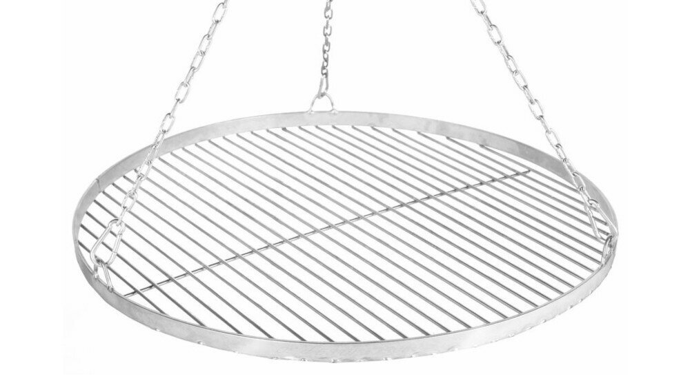 Grill ogniskowy FARMCOOK E01012 ruszt o średnicy 70 cm odpiąć z łatwością umyć łańcusz z karabinkami wszystkie niezbędne atesty dopuszczenie produktu do bezpiecznego kontaktu z żywnością