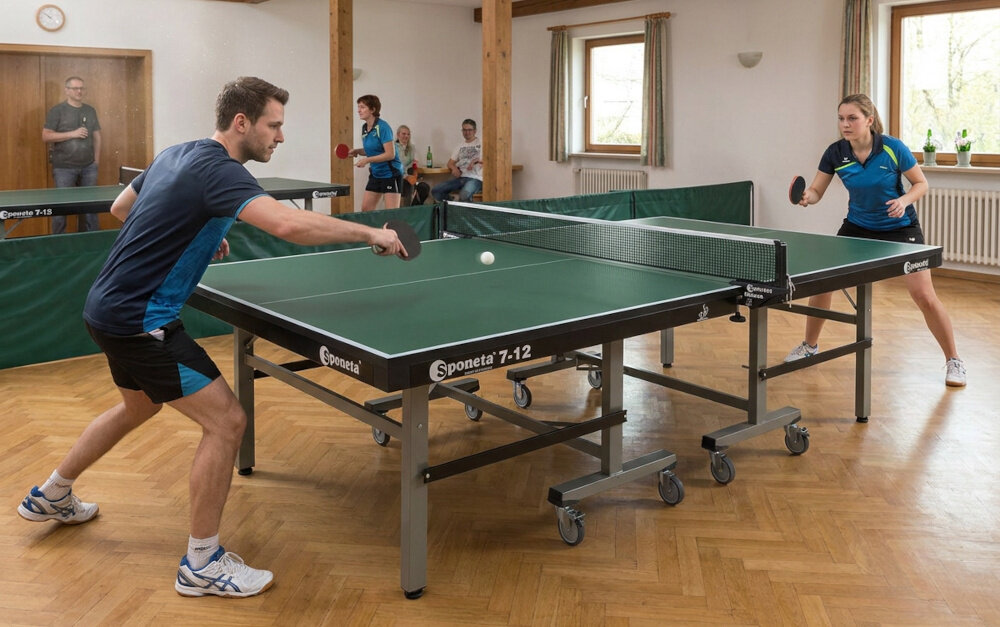 Dwie osoby grają w tenisa stołowego na stole oznaczonym jako Sponeta 7-12. W tle widoczni są inni ludzie oraz dodatkowy stół do tenisa stołowego.