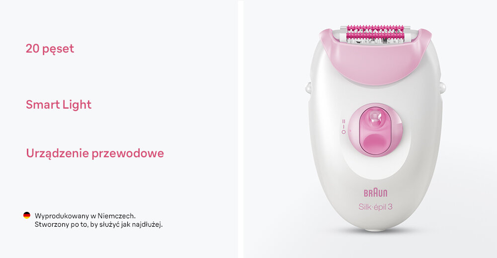 Depilator BRAUN  Silk-epil 3 3-202 Bikini Nogi Biało-różowy łatwe usuwanie krótkich włosków, podświetlenie włosków, nieprzerwana praca