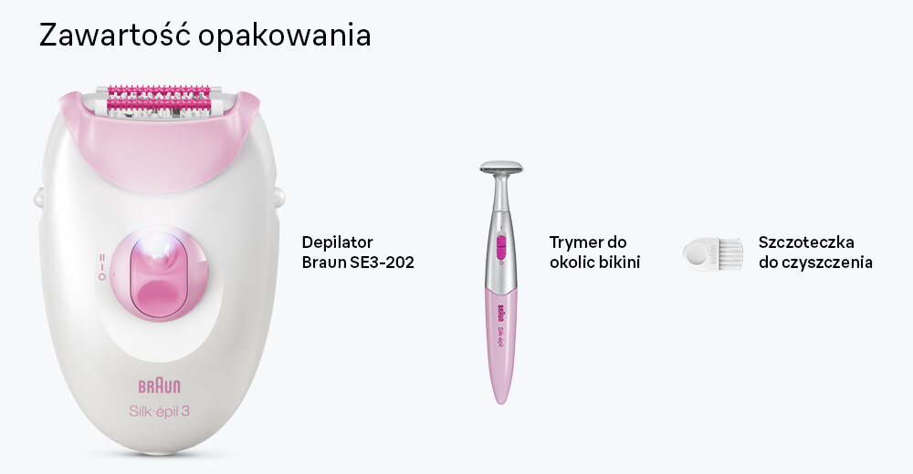 Depilator BRAUN  Silk-epil 3 3-202 Bikini Nogi Biało-różowy zawartość zestawu, koniec opisu