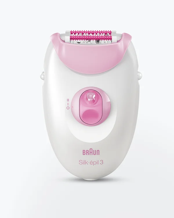 Depilator Braun Silk·épil 3 w kolorze biało-różowym, widok z przodu z widoczną głowicą i przełącznikiem.