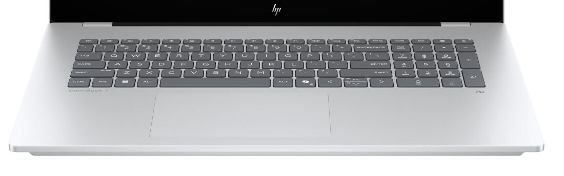 Zbliżenie na pełnowymiarową klawiaturę z blokiem numerycznym w laptopie HP OmniBook 7, widoczny duży touchpad i srebrna obudowa, podkreślający ergonomię i komfort pisania. - pełnowymiarowa, podświetlana klawiatura z wydzielonym blokiem numerycznym 
