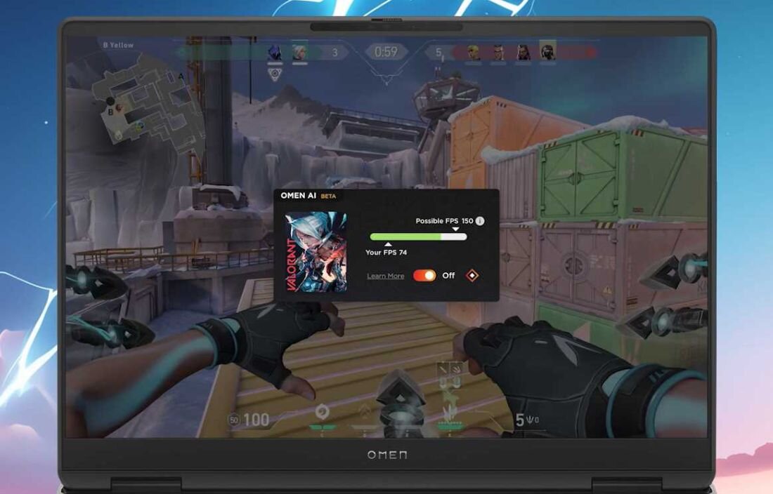 Laptop z grą na ekranie i błyskawicą obok, symbolizującą energię i szybkość rozgrywki.  - OMEN AI 