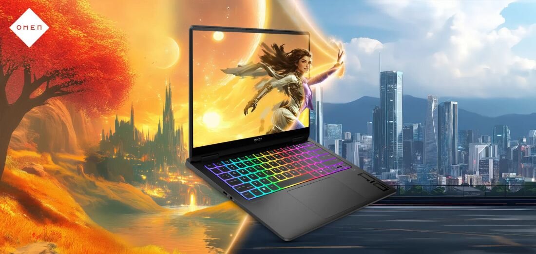 Laptop HP OMEN Transcend z podświetlaną klawiaturą RGB wyświetla fantastyczną scenę gry na futurystycznym tle gamingowym