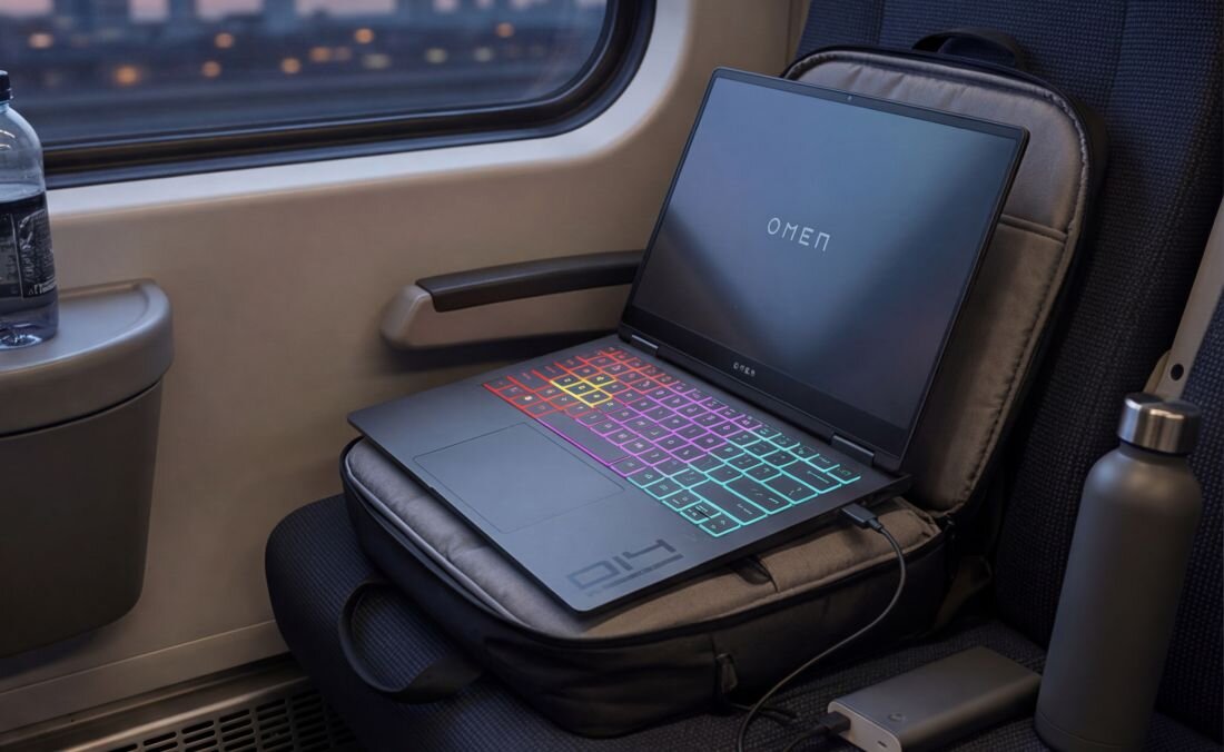 Laptop HP OMEN Transcend z akumulatorem USB-C działa podczas podróży pociągiem w mobilnym środowisku pracy i rozrywki  