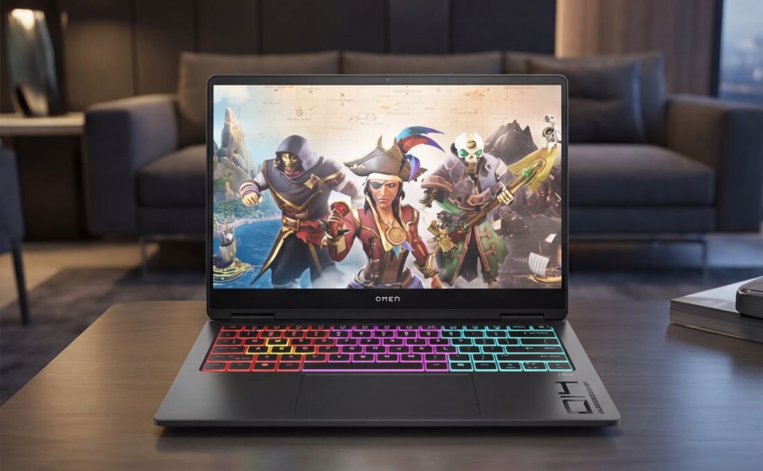 Laptop HP OMEN Transcend z podświetlaną klawiaturą RGB wyświetla grę Sea of Thieves na biurku gamingowym. 
