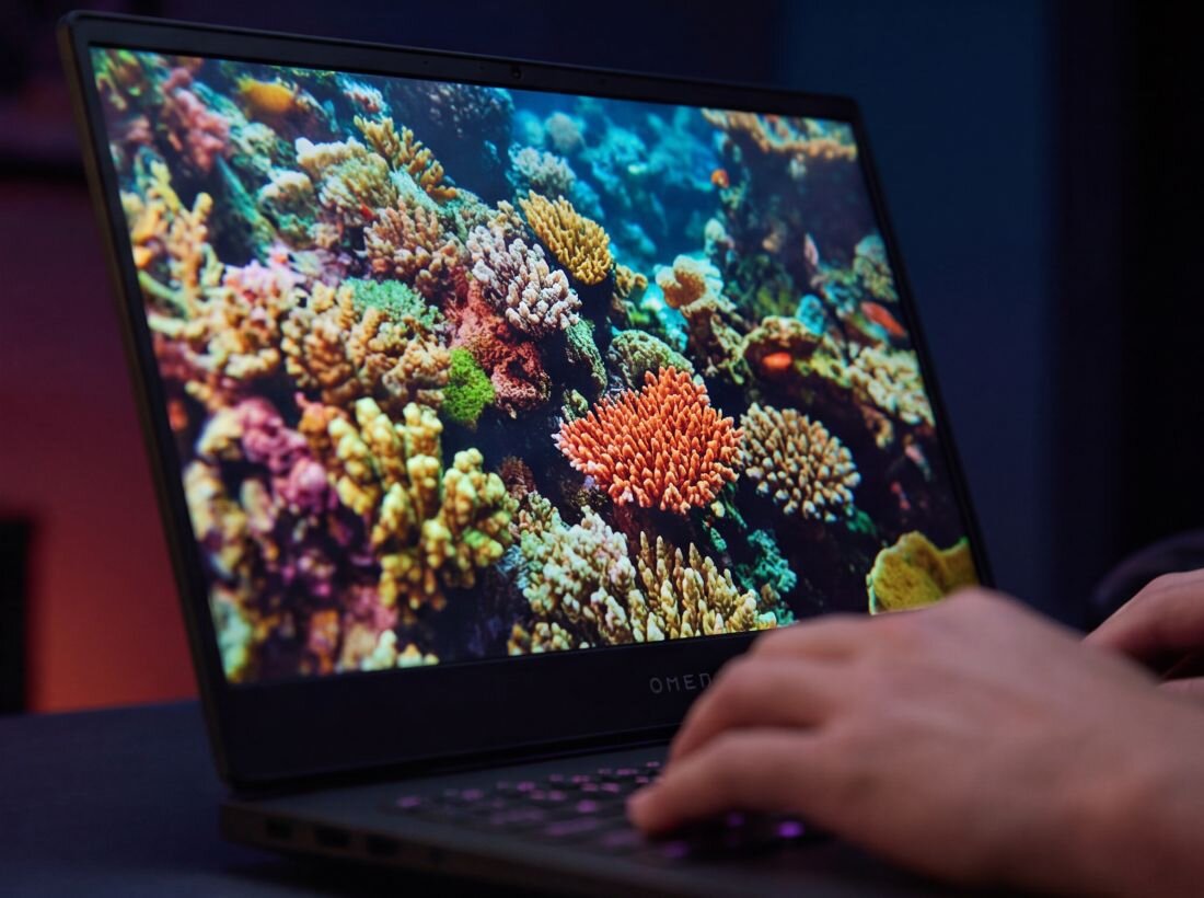 Laptop HP OMEN Transcend z ekranem OLED prezentuje kolorową rafę koralową podczas oglądania treści multimedialnych