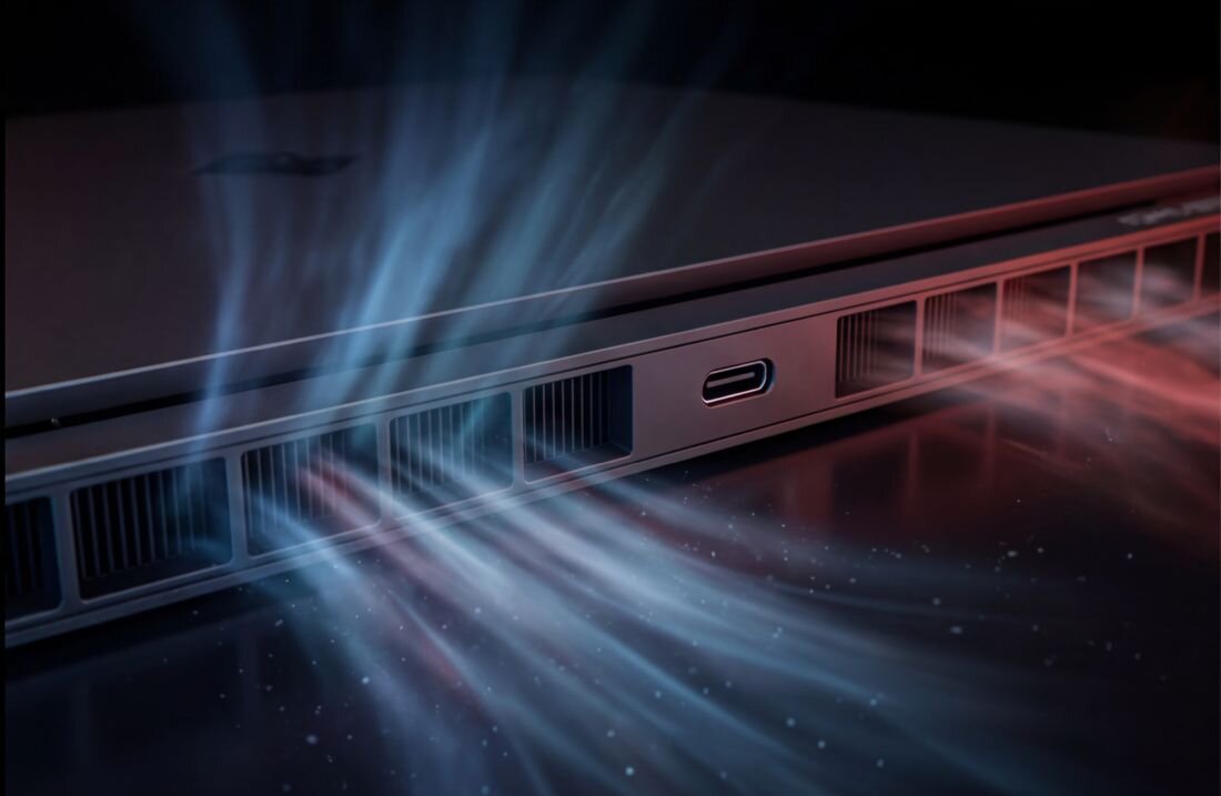 Laptop HP OMEN Transcend z chłodzeniem OMEN Tempest Cooling prezentuje tylne otwory wentylacyjne i przepływ powietrza podczas gamingu 