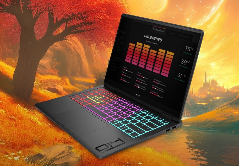 Laptop HP OMEN Transcend z aplikacją OMEN Gaming Hub wyświetla ustawienia wydajności na fantastycznym tle gamingowym 