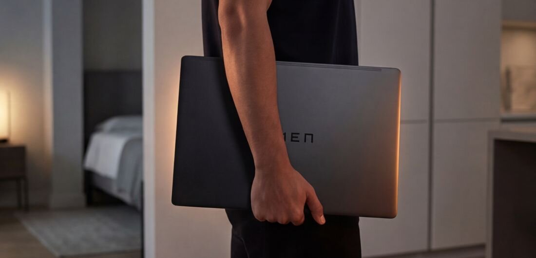 Osoba przenosi zamknięty laptop HP OMEN Transcend, podkreślając mobilną konstrukcję podczas podróży i codziennego użytkowania  