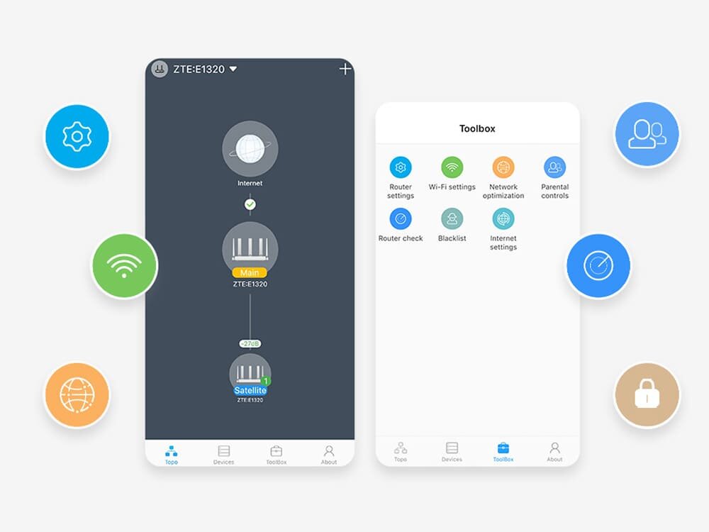 Interfejs aplikacji ZLife pokazujący zarządzanie siecią, kontrolę urządzeń i ustawienia Wi-Fi z poziomu smartfona.