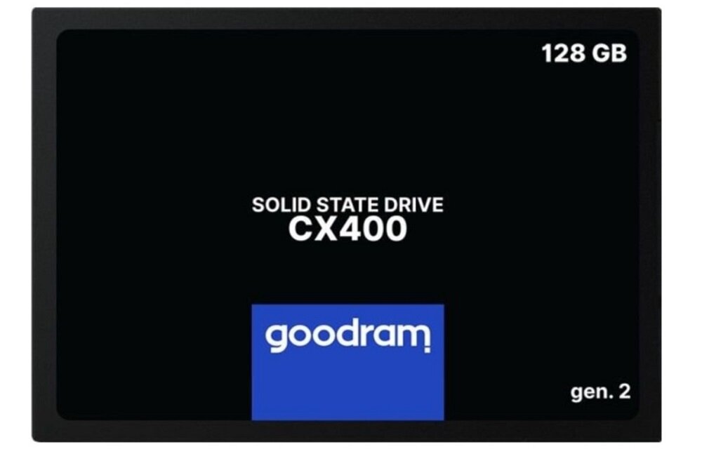 Obraz przedstawia dysk SSD z napisem \'SOLID STATE DRIVE CX400\' oraz \'128 GB\' i \'gen. 2\'. Na dole widoczne jest logo \'goodram\'.