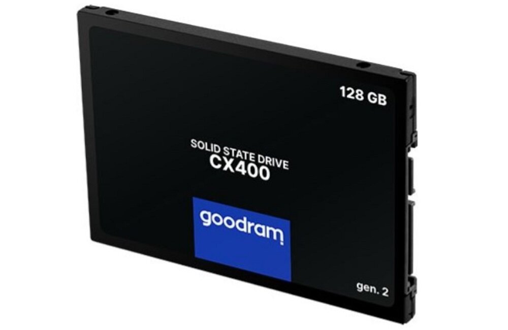 Na obrazie widoczny jest dysk SSD z napisem \'SOLID STATE DRIVE CX400\', logo \'goodram\' oraz oznaczeniami \'128 GB\' i \'gen. 2\'.
