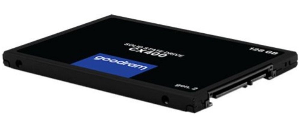 Na obrazie widoczny jest dysk SSD z napisem \'GOODRAM SOLID STATE DRIVE CX400 Gen. 2 128GB\'. Obudowa dysku jest czarna z białymi napisami i niebieskim logo \'goodram\'.