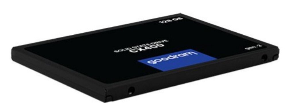Na obrazie widoczny jest dysk SSD z napisem \'SOLID STATE DRIVE CX400\', \'128 GB\' oraz logo \'goodram\'.