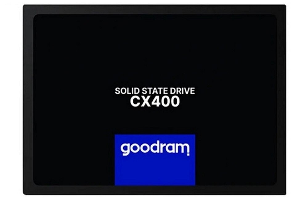 Na obrazie widoczny jest dysk SSD z napisem \'SOLID STATE DRIVE CX400\' oraz logo \'goodram\' na niebieskim tle.