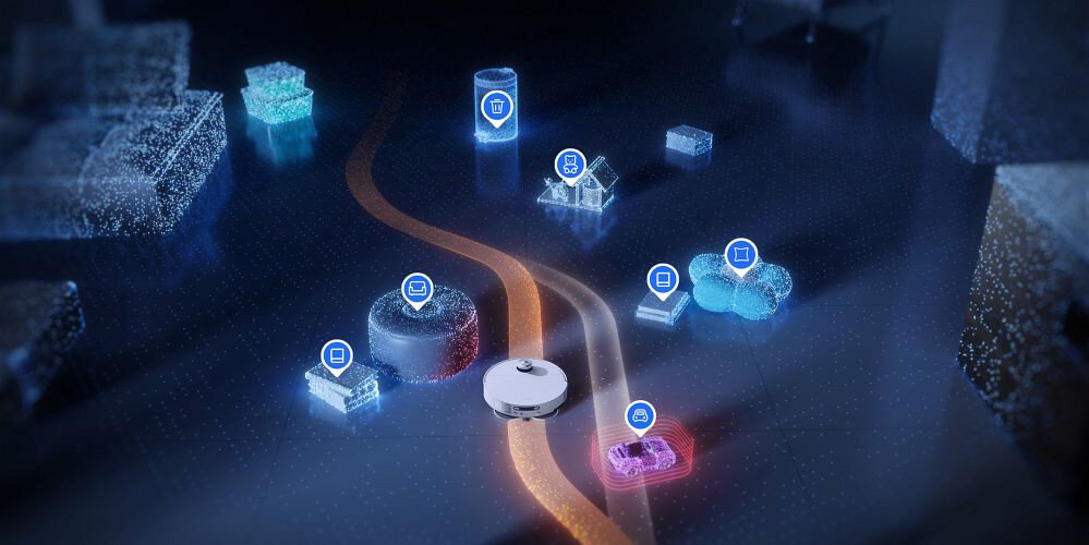 Obraz przedstawia wizualizację robota sprzątającego na tle schematu pomieszczenia z ikonami oznaczającymi różne funkcje. Robot jest biały, a wokół niego znajdują się kolorowe ikony symbolizujące różne zadania i obszary sprzątania.