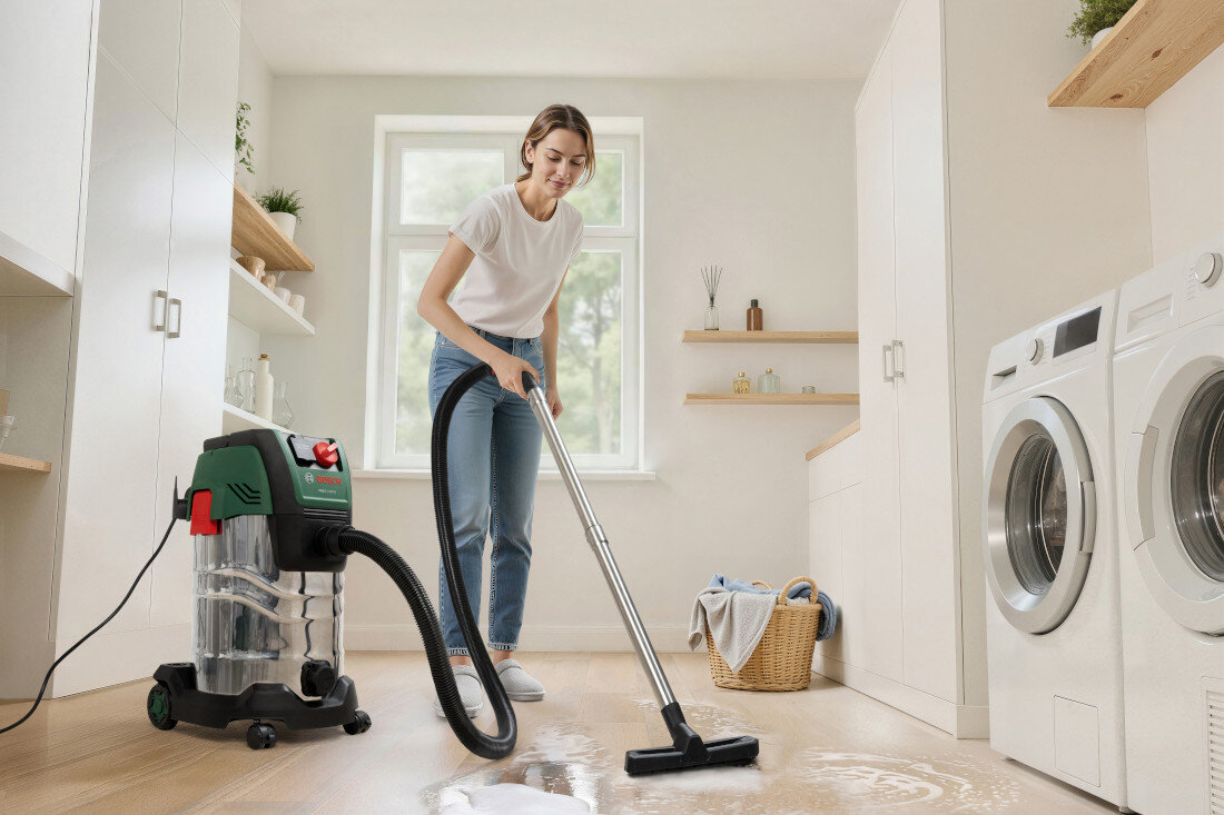 Odkurzacz warsztatowy BOSCH PAS 30-240 PRS Stabilność i wygoda ruchu Solidna konstrukcja, zderzak kółka zabezpieczające wymiary waga