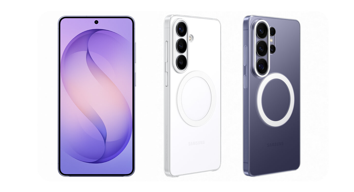 Widok z tyłu fioletowego Galaxy S26 z założonym przezroczystym etui Clear Magnet Case Widok z tyłu fioletowego Galaxy S26 z założonym przezroczystym etui Clear Magnet Case