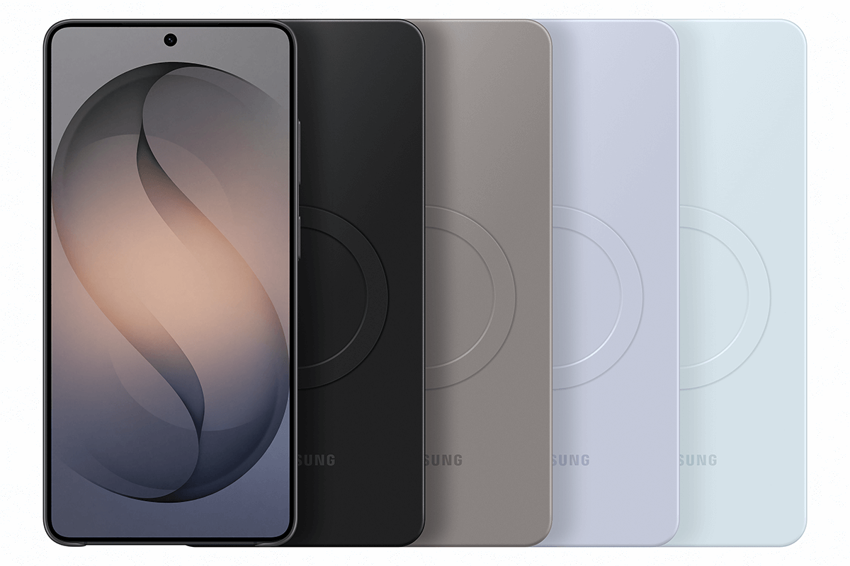 Widok z tyłu Galaxy S26 w różnych wariantach kolorystycznych etui Slim Magnet Case