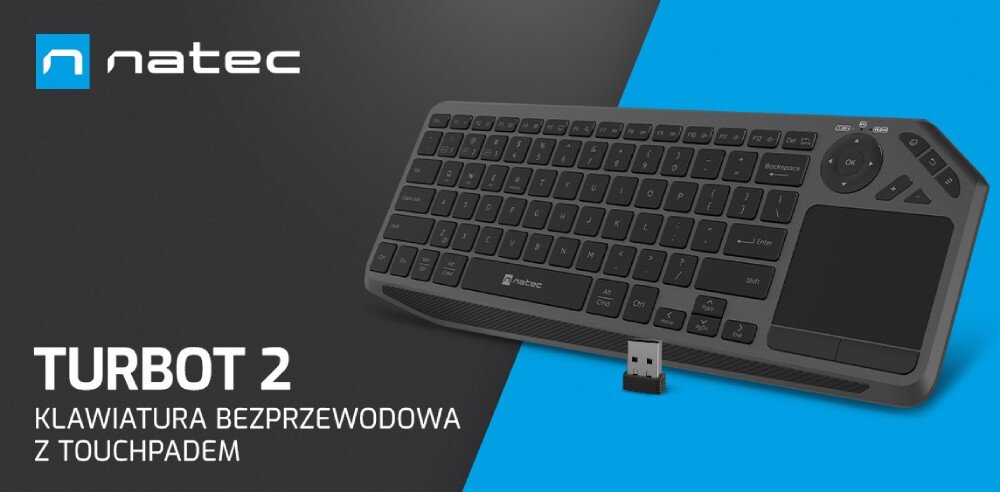 Obraz przedstawia klawiaturę bezprzewodową z touchpadem marki Natec, model Turbot 2. Na obrazie widoczne jest logo \'natec\' oraz tekst: \'TURBOT 2 KLAWIATURA BEZPRZEWODOWA Z TOUCHPADEM\'.