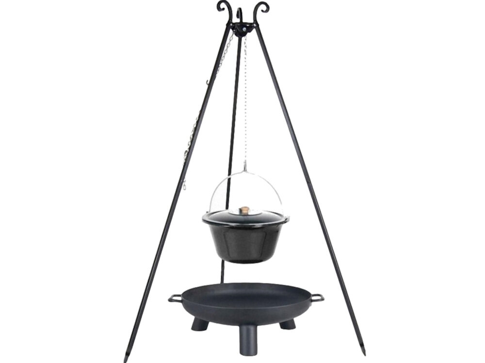 Kociołek FARMCOOK na trójnogu + Palenisko ogrodowe PAN 38 60cm świetna alternatywa dla tradycyjnego ogniska prosty mechanizm podnoszenia stabilny trójnóg pomalowany ognioodporną farbą