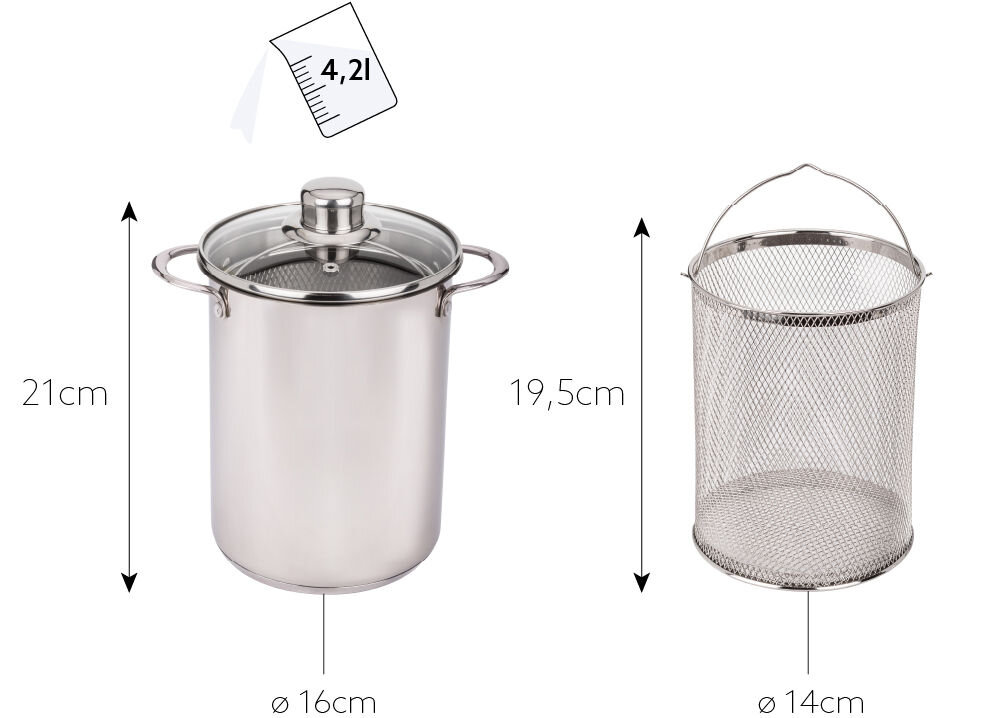 Garnek MPM MGK-09 21 cm wysoka jakośc stali nierdzewnej odporna na uszkodzenia i korozję szklana pokrywka z otworem na parę kontrolowanie procesu gotowania wewnętrzna miarka precyzyjne dozowanie wody lub oleju solidne nitowane uchwyty bezpieczeństwo wygoda do codziennego użytku 