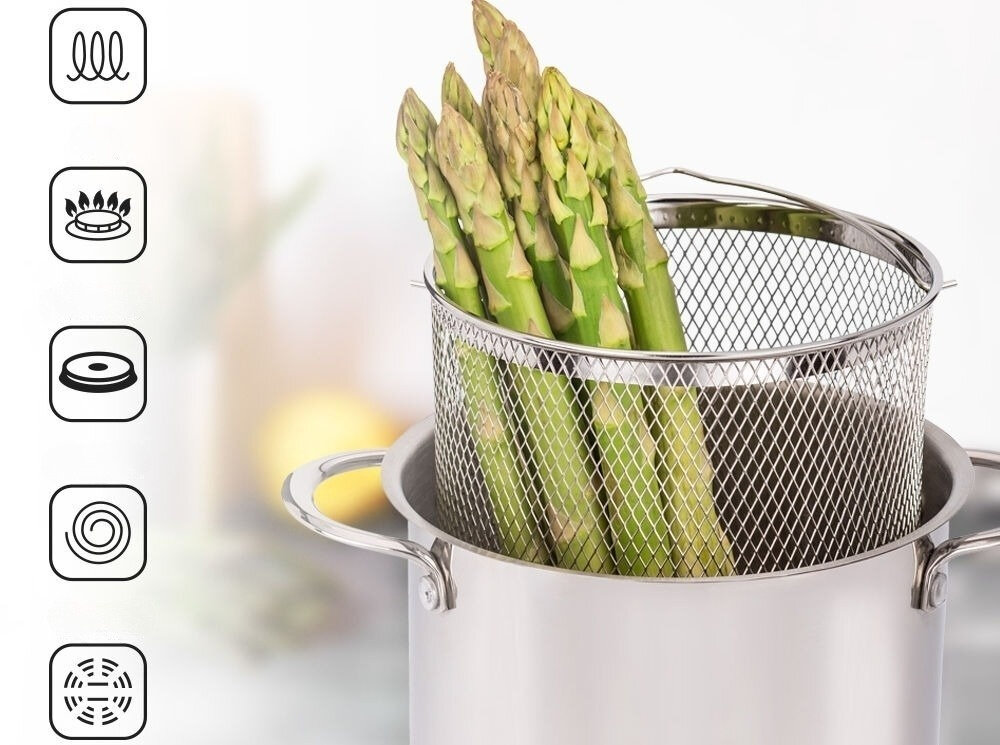 Garnek MPM MGK-09 21 cm sprawdzi się na każdej kuchence i indukcji koszyk do odcedzania ułatwia wyjmowanie i odcedzanie praktyczny element wyposażenia wygoda jakość przyjemność gotowania