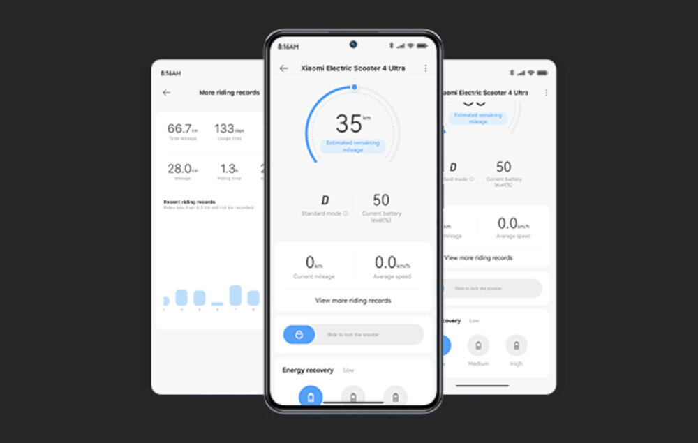 Hulajnoga elektryczna XIAOMI Electric Scooter 4 Ultra Czarny wbudowany modul Bluetooth aplikacja Xiaomi Home/Mi Home monitorowanie kluczowych danych dokladna kontrola postepow i osiagniec sprawdzanie zasiegu hulajnogi