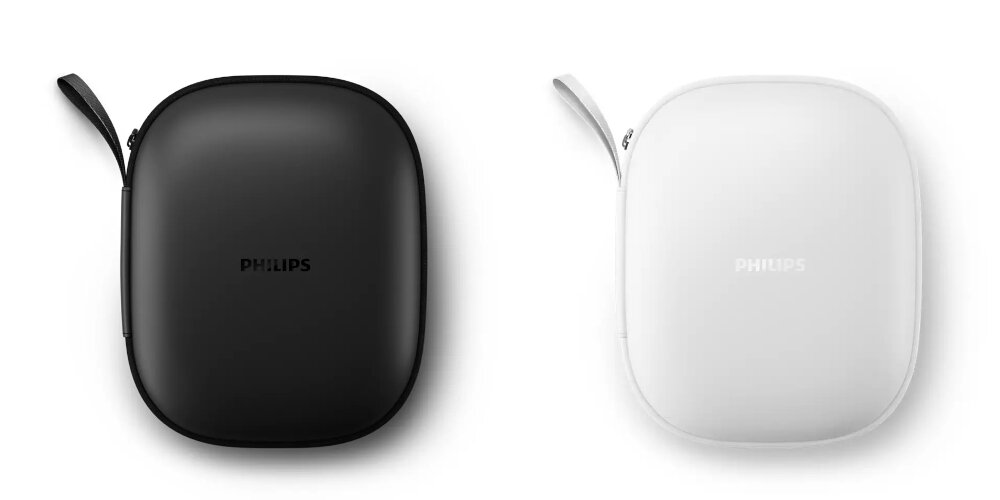 Na obrazie widoczne są dwa etui w kształcie prostokąta z zaokrąglonymi rogami, jedno czarne, drugie białe, oba z logo PHILIPS. Każde etui ma uchwyt na suwak w dopasowanym kolorze.