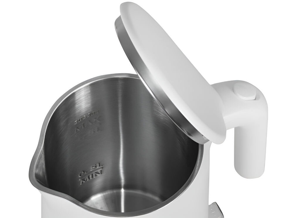 Czajnik HUSLA 73916 Biały szybkie podgrzewanie wody naciśnięcie jednego przycisku konstrukcja korpus ze stali nierdzewnej płaskie dno ułatwienie czyszczenia utrzymanie czajnika w czystości pojemność 1,5 l wystarczająca ilość wody herbata kawa mechanizm sterujący niezawodność trwałość moc 1600 W szybko efektywnie zagotowana woda 