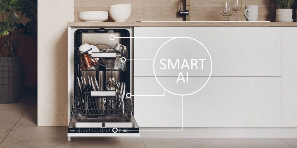 Zmywarka HAIER AI XI0C3TB3FB lifestyle kuchnia otwarta załadunek naczynia ikona AI pukty algorytmy sztuczna inteligencja