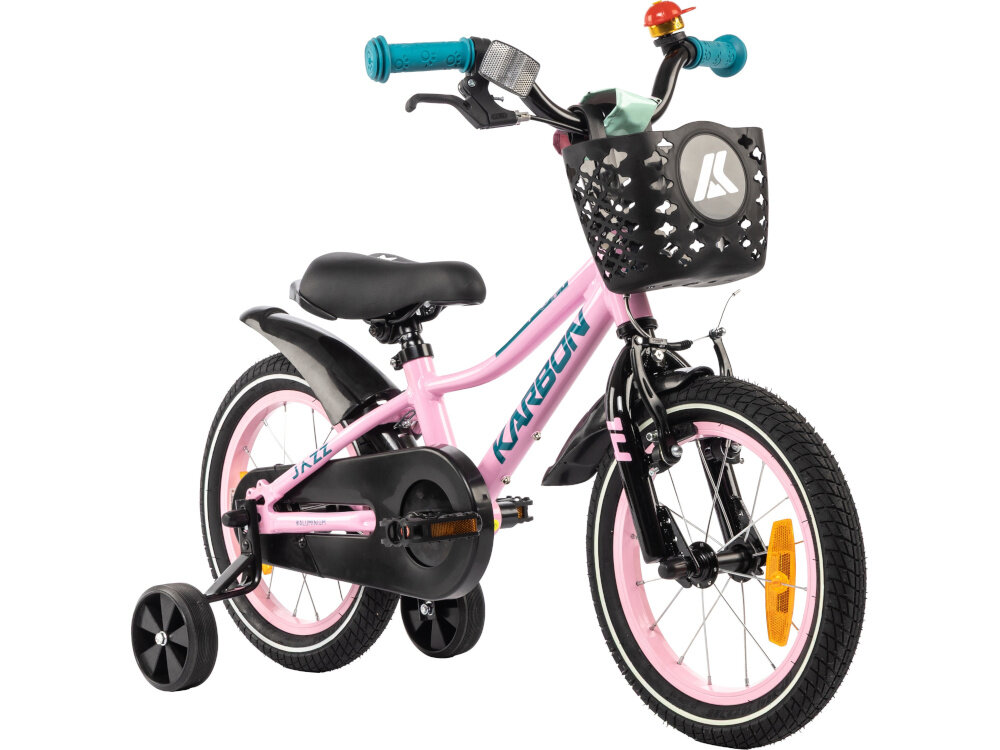 Rower dziecięcy KARBON Jazz 14 cali dla chłopca Różowy rower na białym tle widoczny od przodu pod skosem rower dziecięcy przeznaczony dla dzieci w wieku od 4 do 6 lat trwałość wytrzymałość i mocna konstrukcja