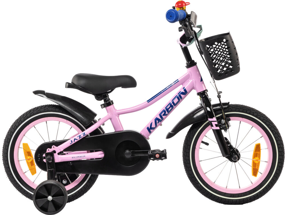 Rower dziecięcy KARBON Jazz 14 cali dla chłopca Różowy rowerek na białym tle widoczny z boku koła w rozmiarze 14 cali aluminiowe obręcze opony są stabilnie trzymane bezpieczna jazda błotniki osłaniają odzież dziecka przed zachlapaniem błotem regularne sprawdzanie ciśnienia powietrza wartość na bocznej części opony