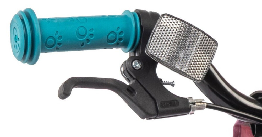 Rower dziecięcy KARBON Jazz 14 cali dla chłopca Różowy zbliżenie na manetkę kierownicy na kierownicy odblask wygięta kierownica ergonomiczny kształt kontrola podczas manewrów i jazdy antypoślizgowe uchwyty pewność chwytu ograniczniki na końcach gripów zmniejsza ryzyko utraty równowagi pomaga dziecku bezpiecznie rozwijać umiejętności kierowania