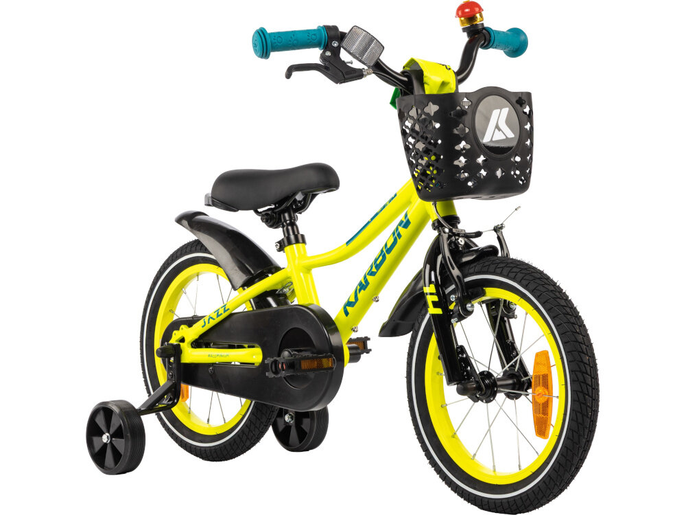 Rower dziecięcy KARBON Jazz 14 cali dla chłopca Limonkowy rower na białym tle widoczny od przodu pod skosem rower dziecięcy przeznaczony dla dzieci w wieku od 4 do 6 lat trwałość wytrzymałość i mocna konstrukcja