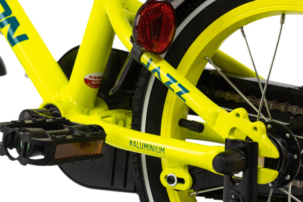 Rower dziecięcy KARBON Jazz 14 cali dla chłopca Limonkowy zbliżenie na ramę odpowiednio wyselekcjonowane materiały aluminiowa 8-calowa rama specjalnie dostosowana do najmłodszych geometria odporny na korozję wybór rozmiaru ramy Twój wzrost mierzony w zrelaksowanej pozycji typ roweru dla osób o wzroście od 105 do 120 cm