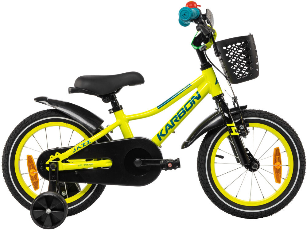Rower dziecięcy KARBON Jazz 14 cali dla chłopca Limonkowy rowerek na białym tle widoczny z boku koła w rozmiarze 14 cali aluminiowe obręcze opony są stabilnie trzymane bezpieczna jazda błotniki osłaniają odzież dziecka przed zachlapaniem błotem regularne sprawdzanie ciśnienia powietrza wartość na bocznej części opony