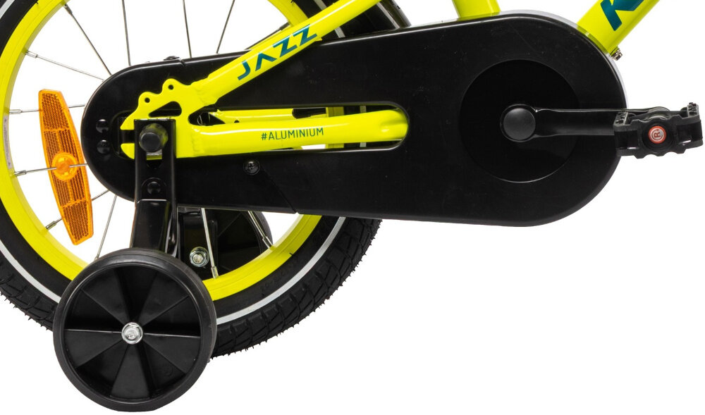 Rower dziecięcy KARBON Jazz 14 cali dla chłopca Limonkowy zbliżenie na kółko boczne i osłonę boczne kółka asekurują dziecko w początkowej fazie nauki boczne kółka można łatwo usunąć osłona łańcucha