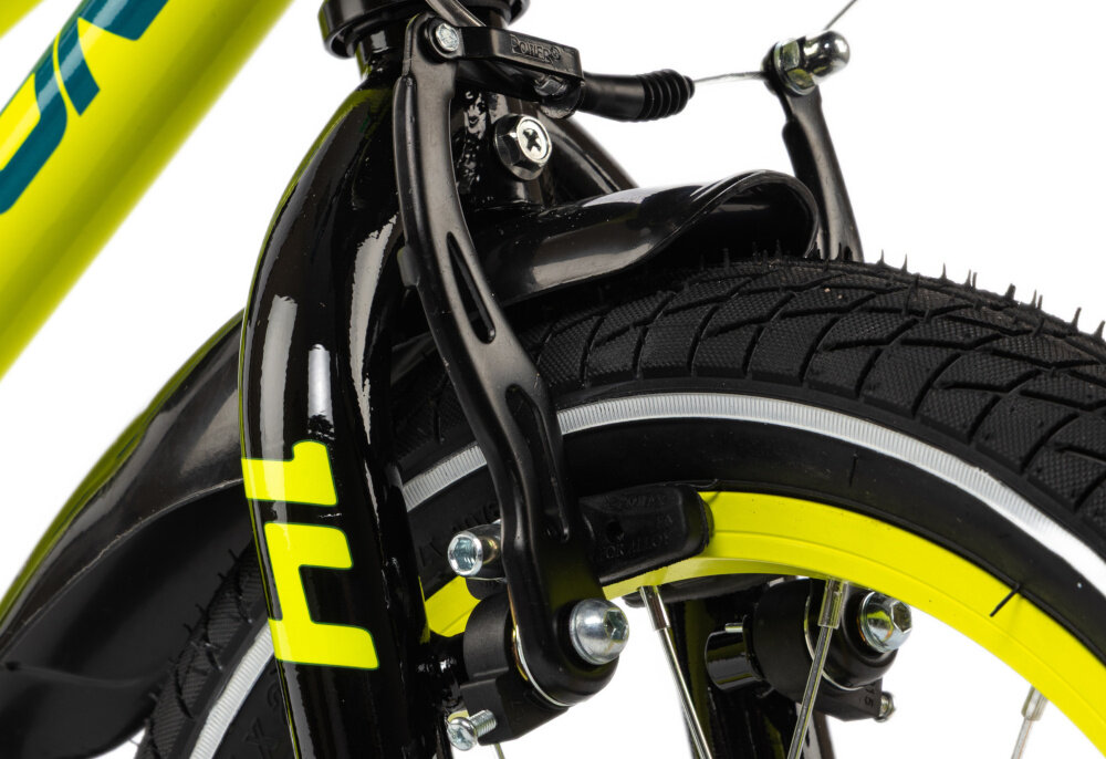 Rower dziecięcy KARBON Jazz 14 cali dla chłopca Limonkowy zbliżenie na przedni hamulec podstawa bezpieczeństwa każdego rowerzysty przedni hamulec V-Brake tylny hamulec nożny Torpedo połączenie dwóch systemów zwiększa kontrolę nad rowerem mechanizmy są lekkie duża siła i skuteczność hamowania