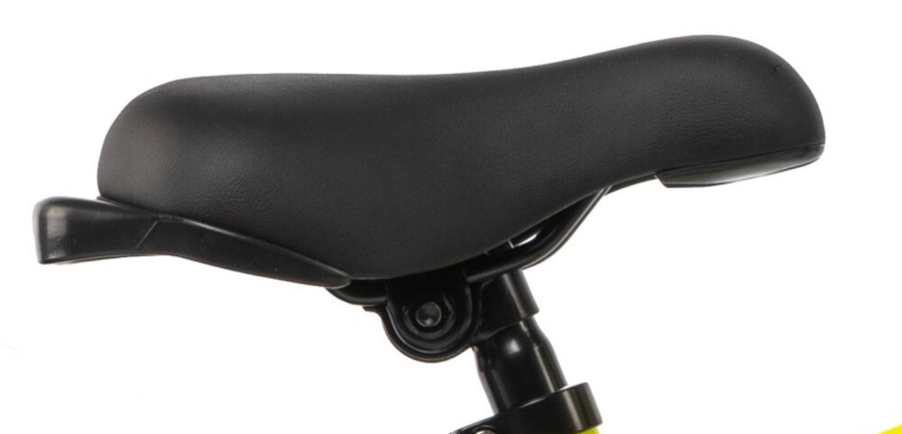 Rower dziecięcy KARBON Jazz 14 cali dla chłopca Limonkowy siodełko na białym tle piankowe siodełko miękkie i stabilne podparcie elastyczna struktura pianki dopasowuje się do sylwetki odporna na uszkodzenia powłoka zewnętrzna