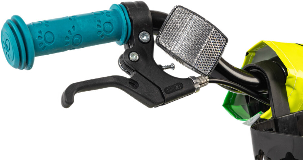 Rower dziecięcy KARBON Jazz 14 cali dla chłopca Limonkowy zbliżenie na manetkę kierownicy na kierownicy odblask wygięta kierownica ergonomiczny kształt kontrola podczas manewrów i jazdy antypoślizgowe uchwyty pewność chwytu ograniczniki na końcach gripów zmniejsza ryzyko utraty równowagi pomaga dziecku bezpiecznie rozwijać umiejętności kierowania