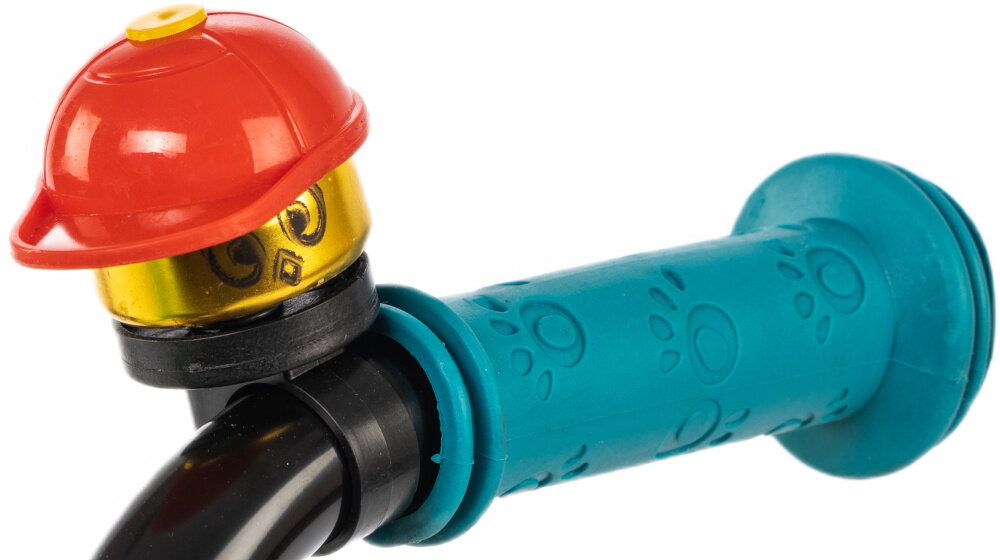 Rower dziecięcy KARBON Jazz 14 cali dla chłopca Limonkowy zbliżenie na dzwonek białe tło praktyczny dzwonek sygnalizacja obecności element zwiększający bezpieczeństwo solidny pałąk prowadzący dla rodzica kontrolowanie toru jazdy oraz tempa