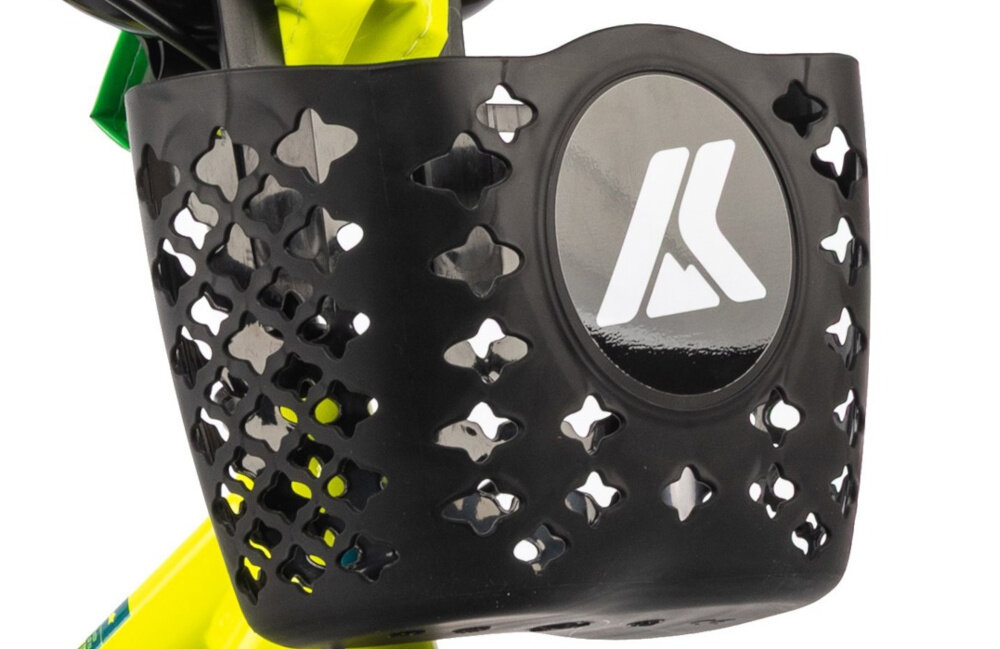 Rower dziecięcy KARBON Jazz 14 cali dla chłopca Limonkowy zbliżenie na koszyk praktyczny koszyk na kierownicy z lekkiego wytrzymałego materiału nie obciąża konstrukcji rowerka stabilnie utrzymuje przewożone drobiazgi