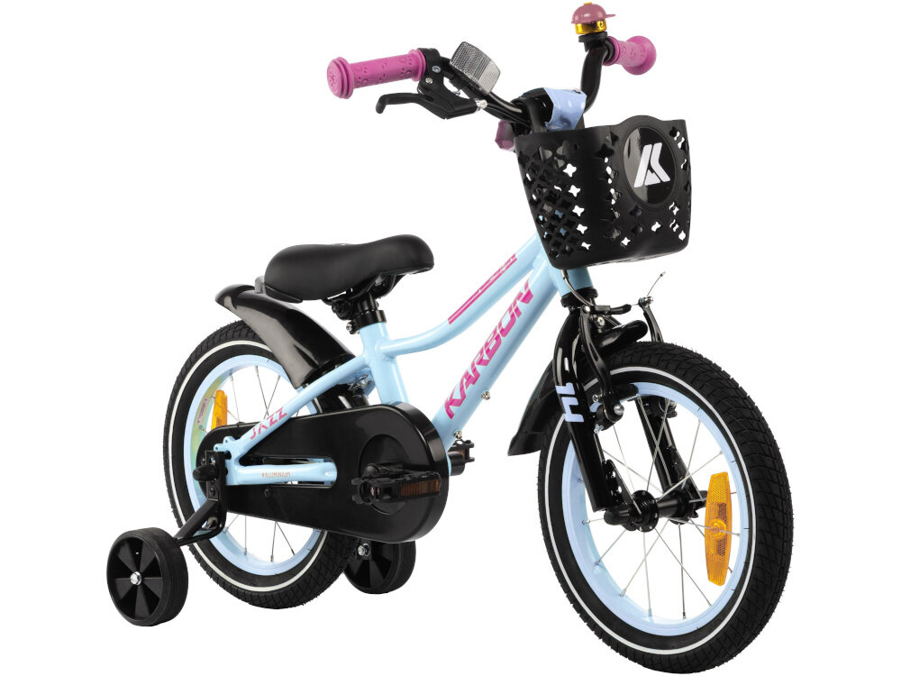 Rower dziecięcy KARBON Jazz 14 cali dla chłopca Miętowy rower na białym tle widoczny od przodu pod skosem rower dziecięcy przeznaczony dla dzieci w wieku od 4 do 6 lat trwałość wytrzymałość i mocna konstrukcja