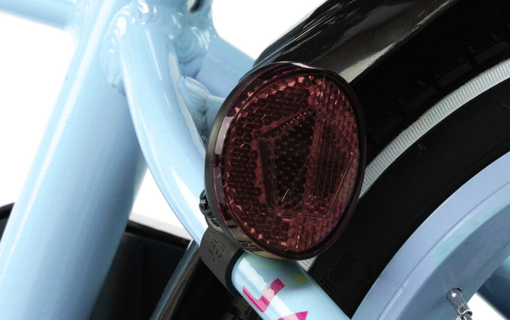 Rower dziecięcy KARBON Jazz 14 cali dla chłopca Miętowy zbliżenie na odblask umieszczony na ramie pakiet odblasków umieszczonych w kluczowych miejscach konstrukcji rowerek staje się lepiej widoczny po zmroku i w pochmurne dni bezpieczeństwo odblaski zwiększają dostrzegalność dziecka