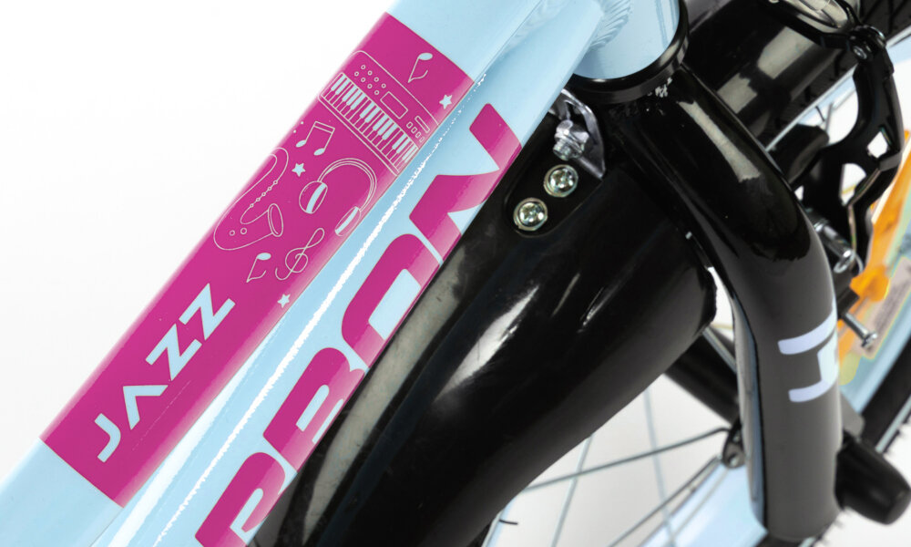 Rower dziecięcy KARBON Jazz 14 cali dla chłopca Miętowy zbliżenie na ramę odpowiednio wyselekcjonowane materiały aluminiowa 8-calowa rama specjalnie dostosowana do najmłodszych geometria odporny na korozję wybór rozmiaru ramy Twój wzrost mierzony w zrelaksowanej pozycji typ roweru dla osób o wzroście od 105 do 120 cm