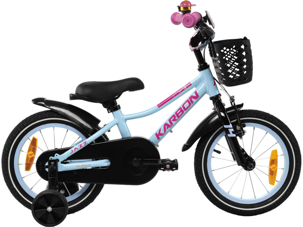 Rower dziecięcy KARBON Jazz 14 cali dla chłopca Miętowy rowerek na białym tle widoczny z boku koła w rozmiarze 14 cali aluminiowe obręcze opony są stabilnie trzymane bezpieczna jazda błotniki osłaniają odzież dziecka przed zachlapaniem błotem regularne sprawdzanie ciśnienia powietrza wartość na bocznej części opony
