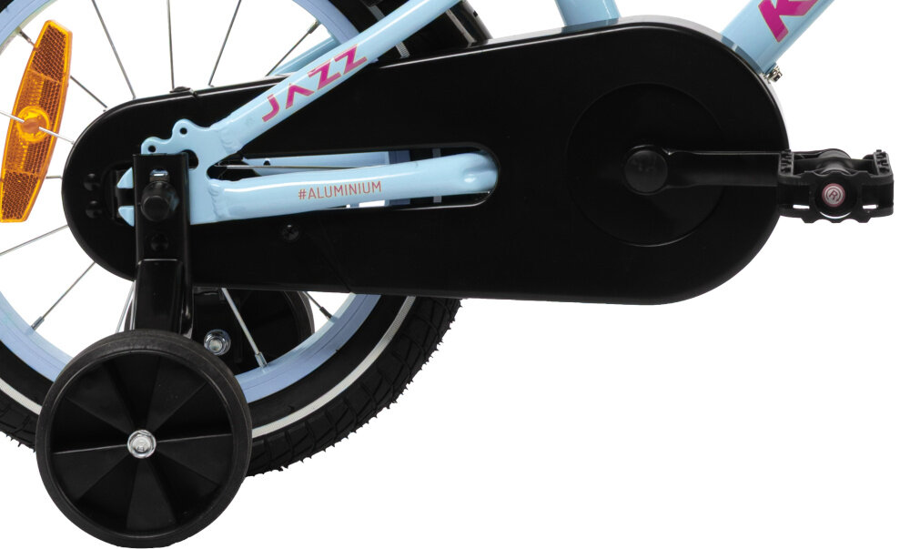 Rower dziecięcy KARBON Jazz 14 cali dla chłopca Miętowy zbliżenie na kółko boczne i osłonę boczne kółka asekurują dziecko w początkowej fazie nauki boczne kółka można łatwo usunąć osłona łańcucha